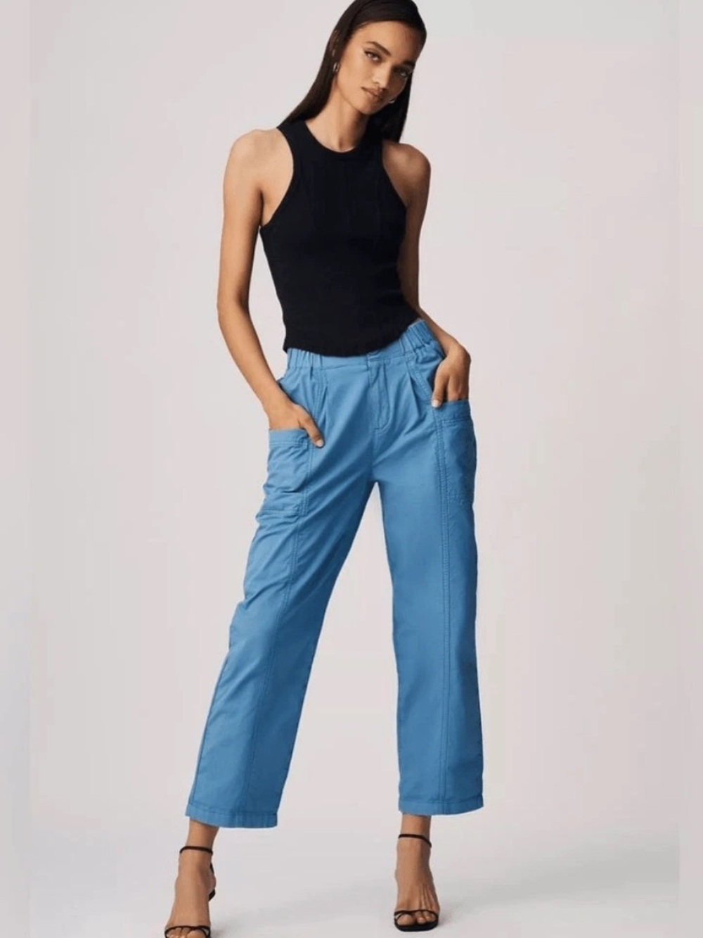 Pilcro by Anthropologie Ruched Utility Crop Pants Blue Cotton Size 26